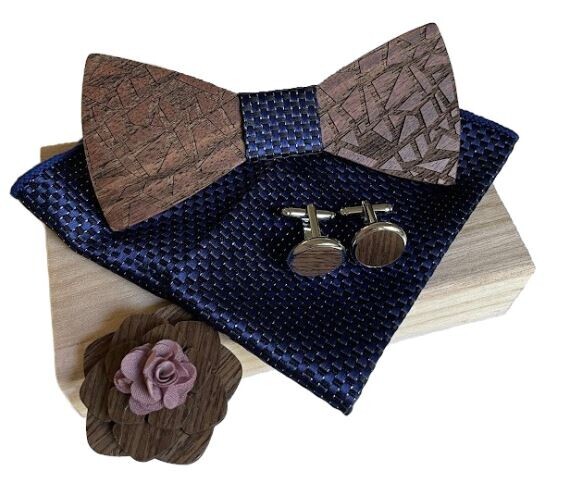 Set dřevěného motýlku, manžetových knoflíčků a brože - Mozaika, modro černý