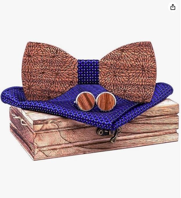 Set dřevěného motýlku, kapesníčku a manžetových knoflíčků - S květinami