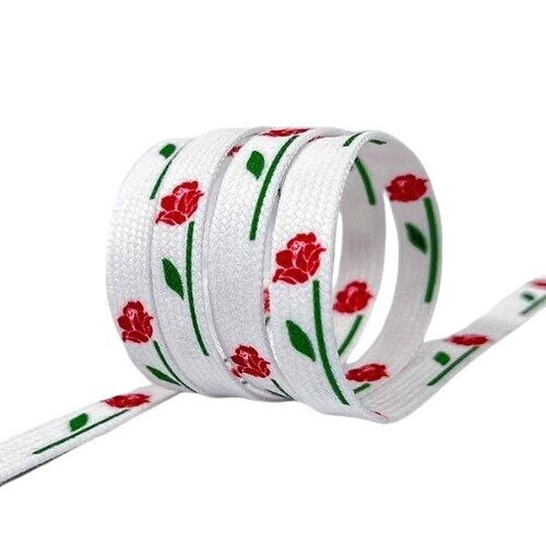 Široké tkaničky s potiskem růže, jeden pár - Bílé, 120 cm