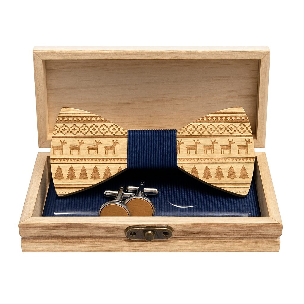 Set dřevěného motýlku, manžetových knoflíčků a kapesníčku - Vánoční, modrý