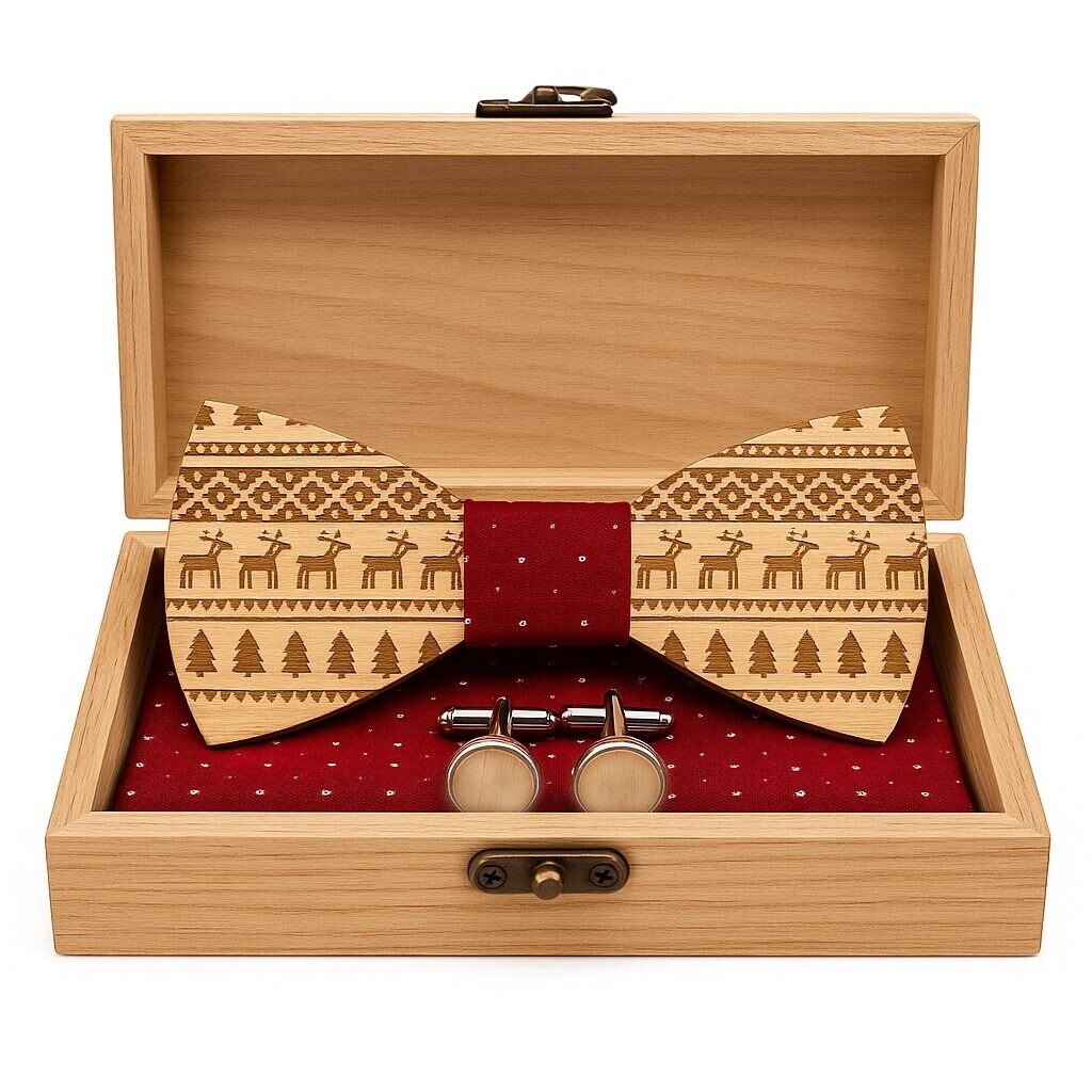 Set dřevěného motýlku, manžetových knoflíčků a kapesníčku - Vánoční, Červeno bílý
