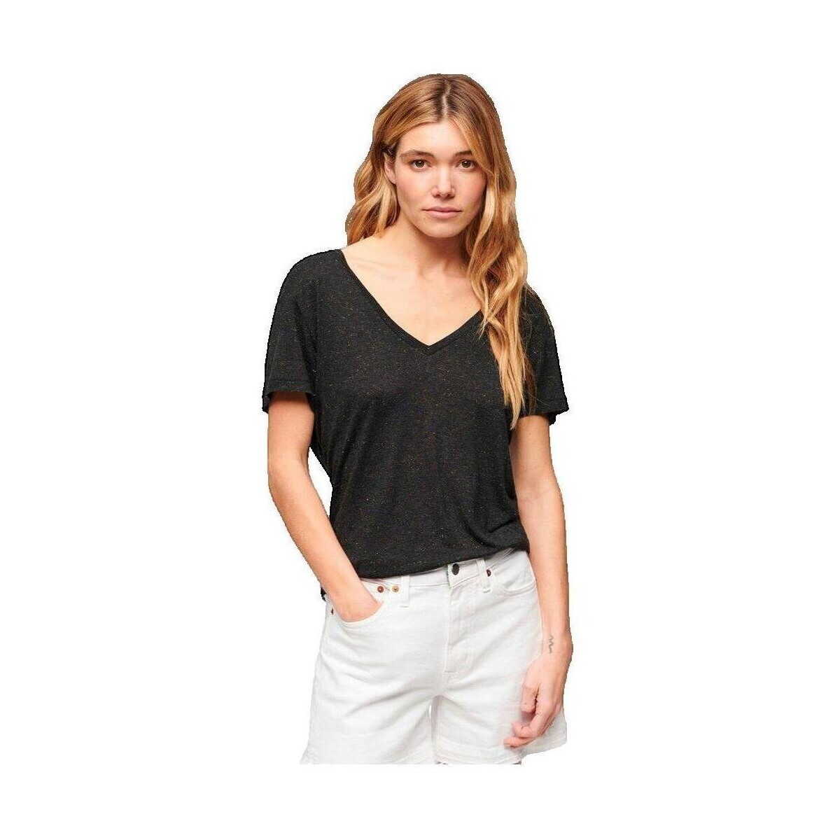 Superdry  T-shirt  Studios Slub brodé col V femme  Černá