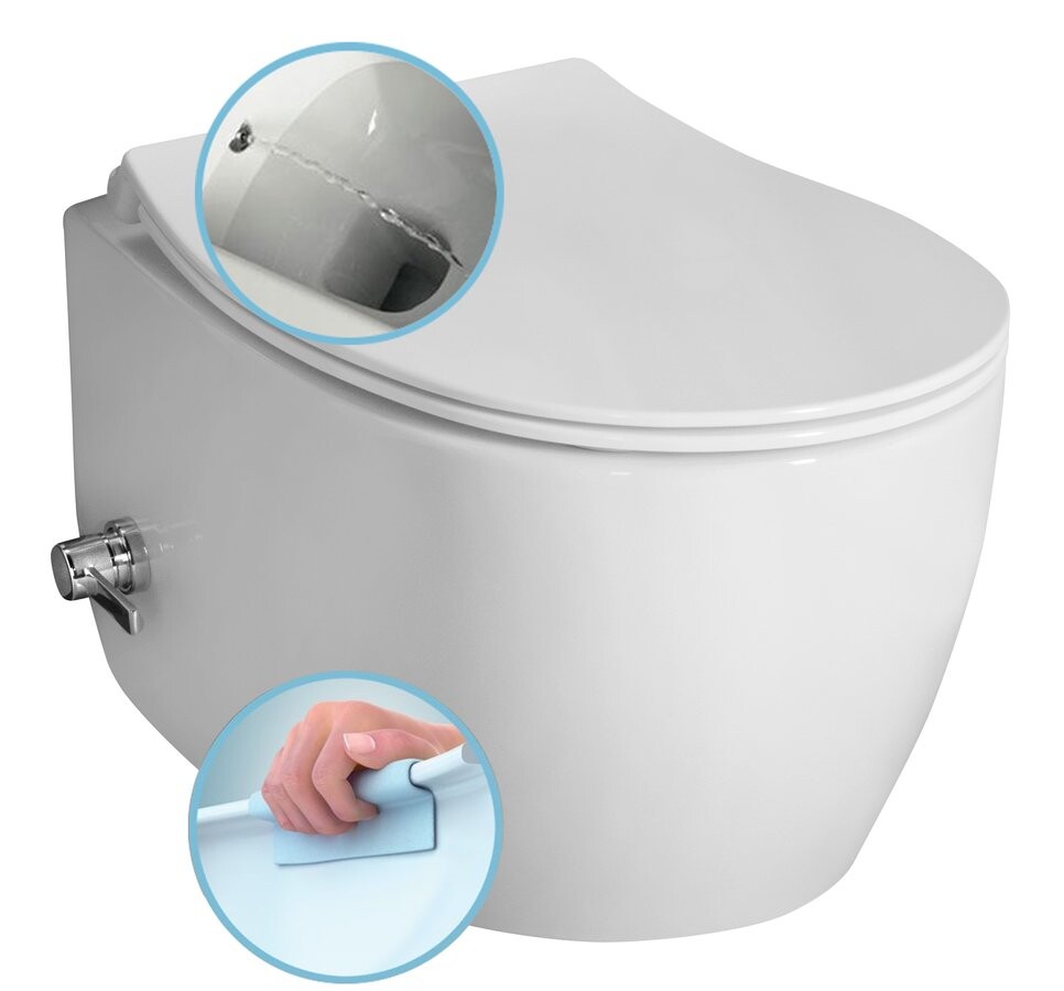 Isvea SENTIMENTI CLEANWASH závěsná WC mísa, integrovaný ventil a bidet. sprška, Rimless, 36x51cm, bílá
