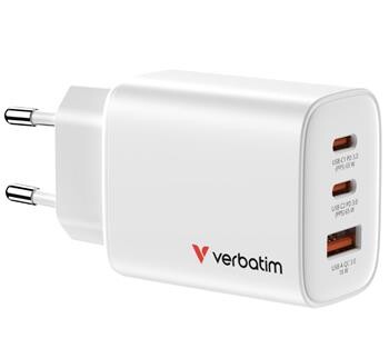 VERBATIM Essentials GaN nabíječka 65W - 2x USB-C PD 65W / 1x USB-A QC 3.0 - bílá