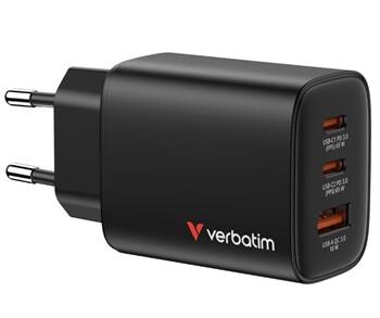 VERBATIM Essentials GaN nabíječka 65W - 2x USB-C PD 65W / 1x USB-A QC 3.0 - černá