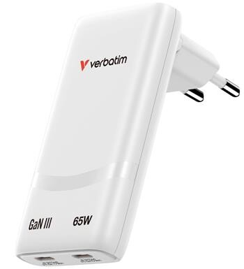 VERBATIM Fold 'n' Go  GaN nabíječka 65W - 2x USB-C PD 65W - bílá