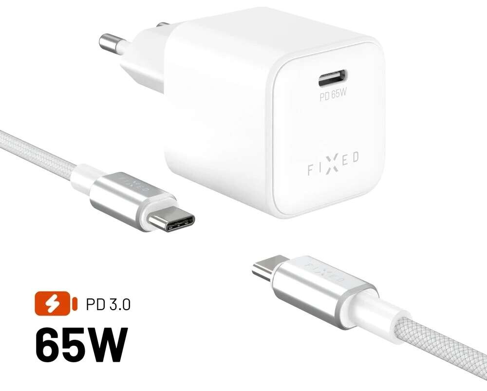 FIXED Mini set síťové GaN nabíječky s USB-C výstupem a USB-C/USB-C kabelem PD 65W 2 m bílá