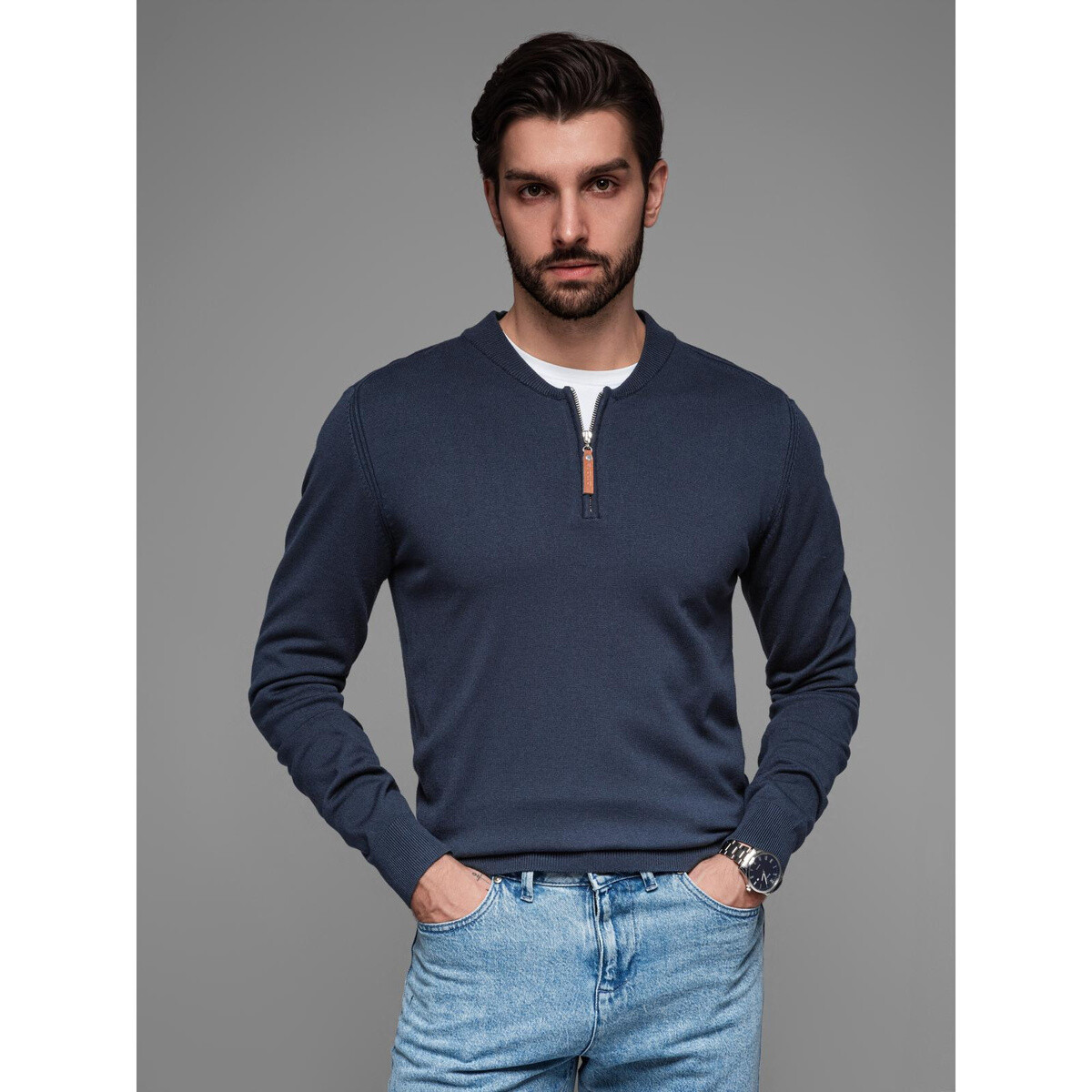 Ombre  Pánský svetr na zip Sila navy  Tmavě modrá