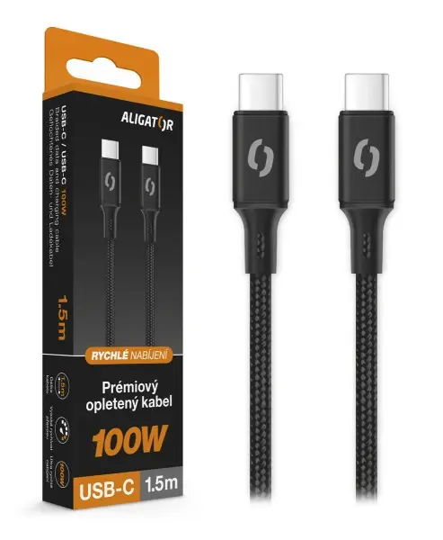 Datový kabel ALIGATOR PREMIUM 5A 100W, USB-C/USB-C, černá