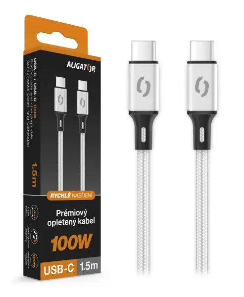 Datový kabel ALIGATOR PREMIUM 5A 100W, USB-C/USB-C, bílá