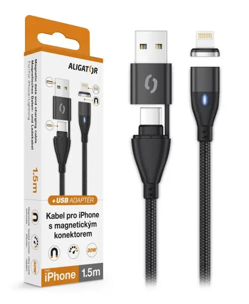 Datový kabel ALIGATOR MAGNETIC 3A 30W, USB-C+USB/Lightning 1,5m
