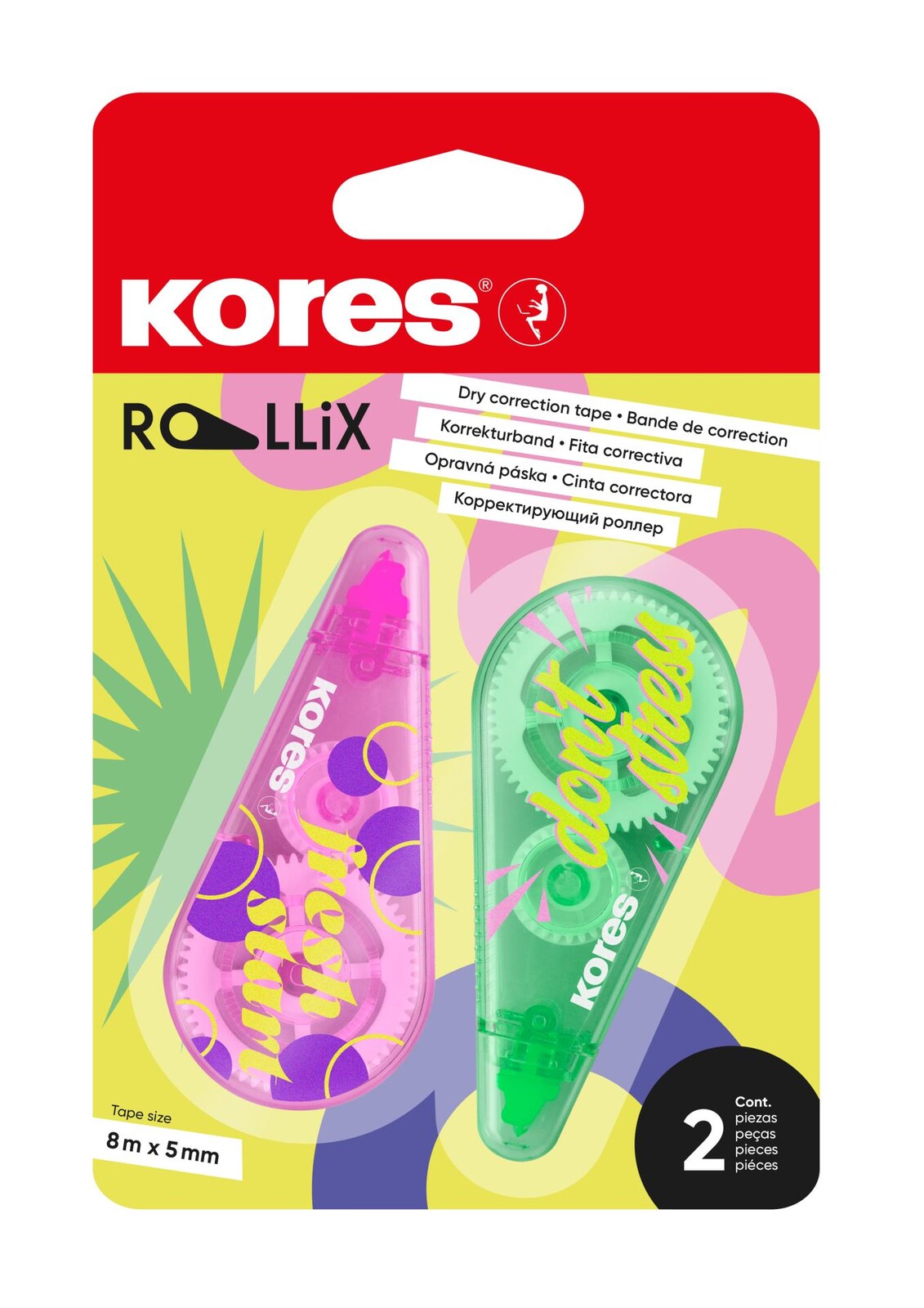 Korekční strojek Kores ROLLiX - 4,2 mm x 8 m, mix barev, 2 ks
