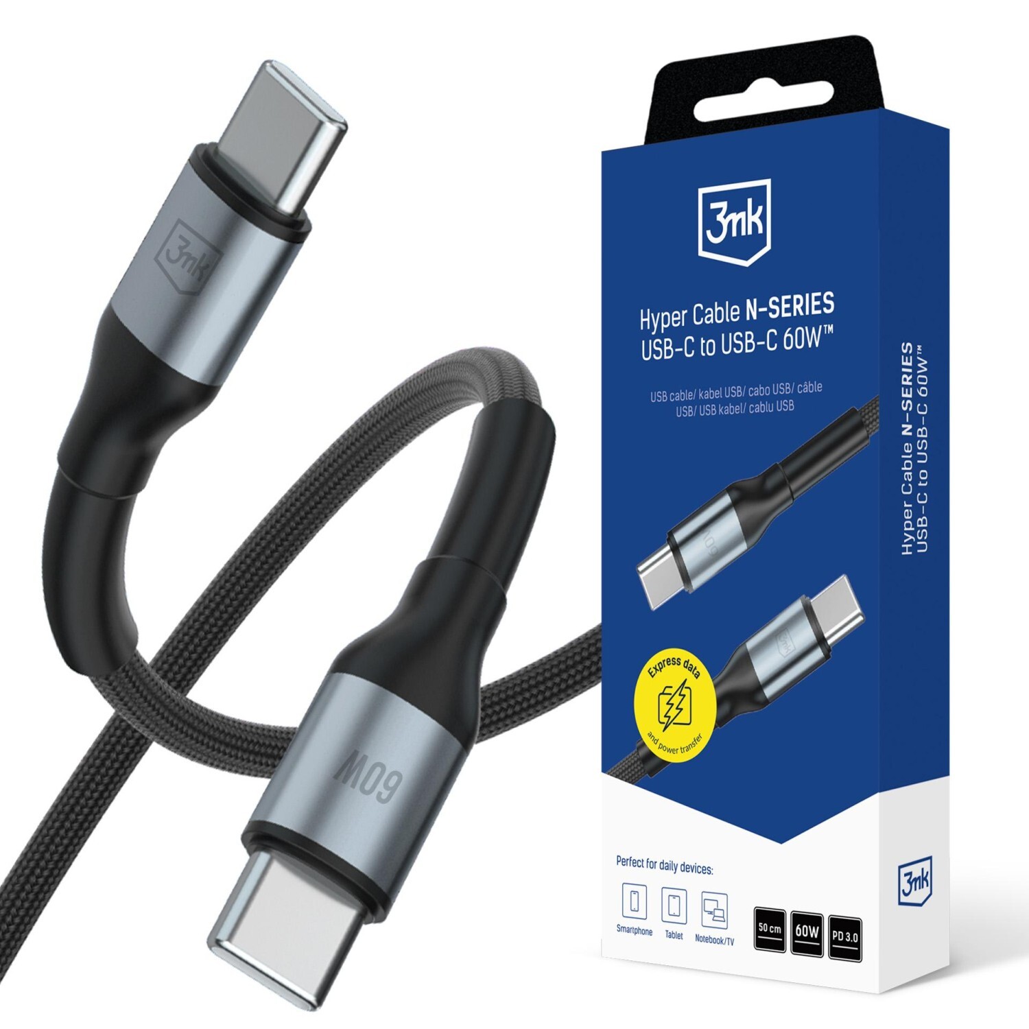 Kabel 3mk Hyper Cable N-SERIES C to C 50cm PD 3.0 QC 3.0 20V/3A 60W, černá