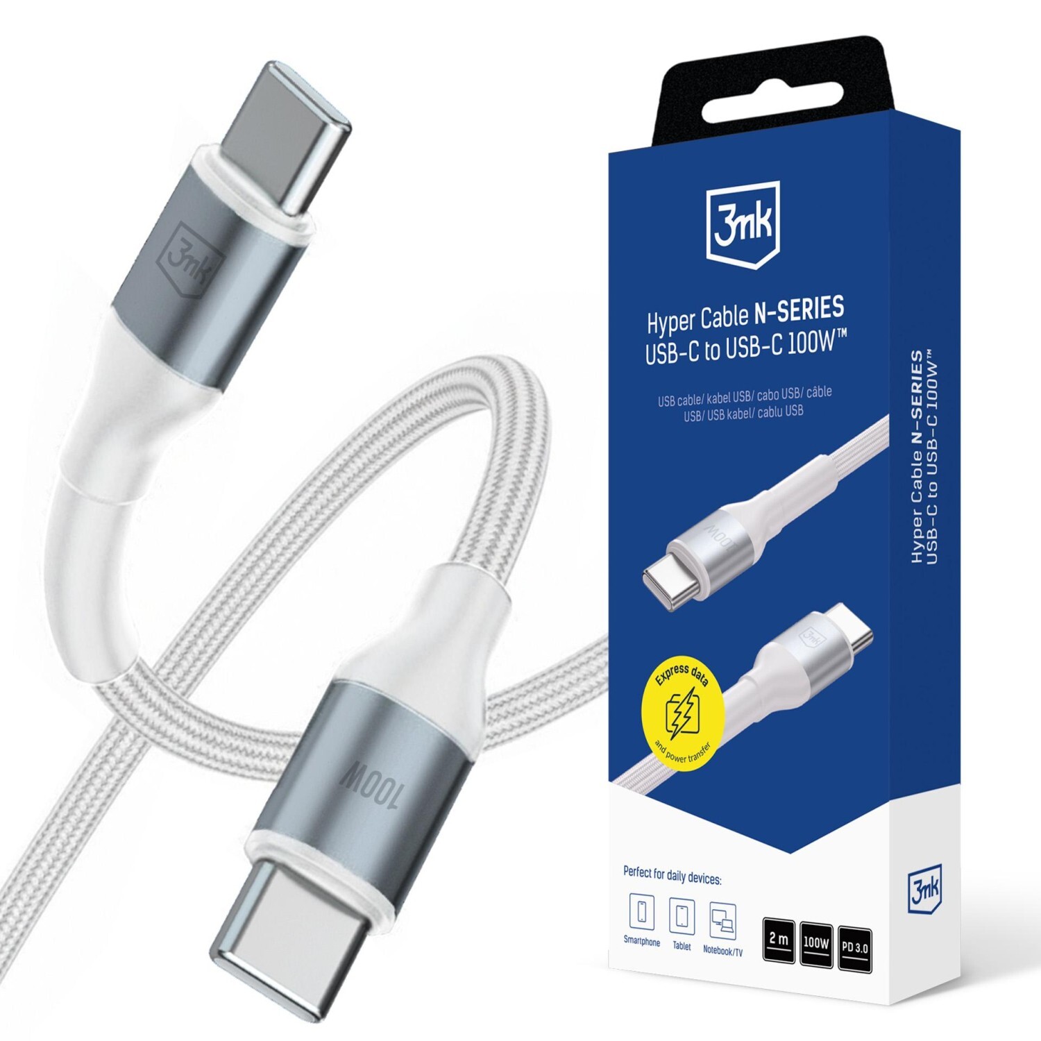 Kabel 3mk Hyper Cable N-SERIES USB-C to C 2m PD 3.0 QC 3.0 20V/5A 100W, bílá