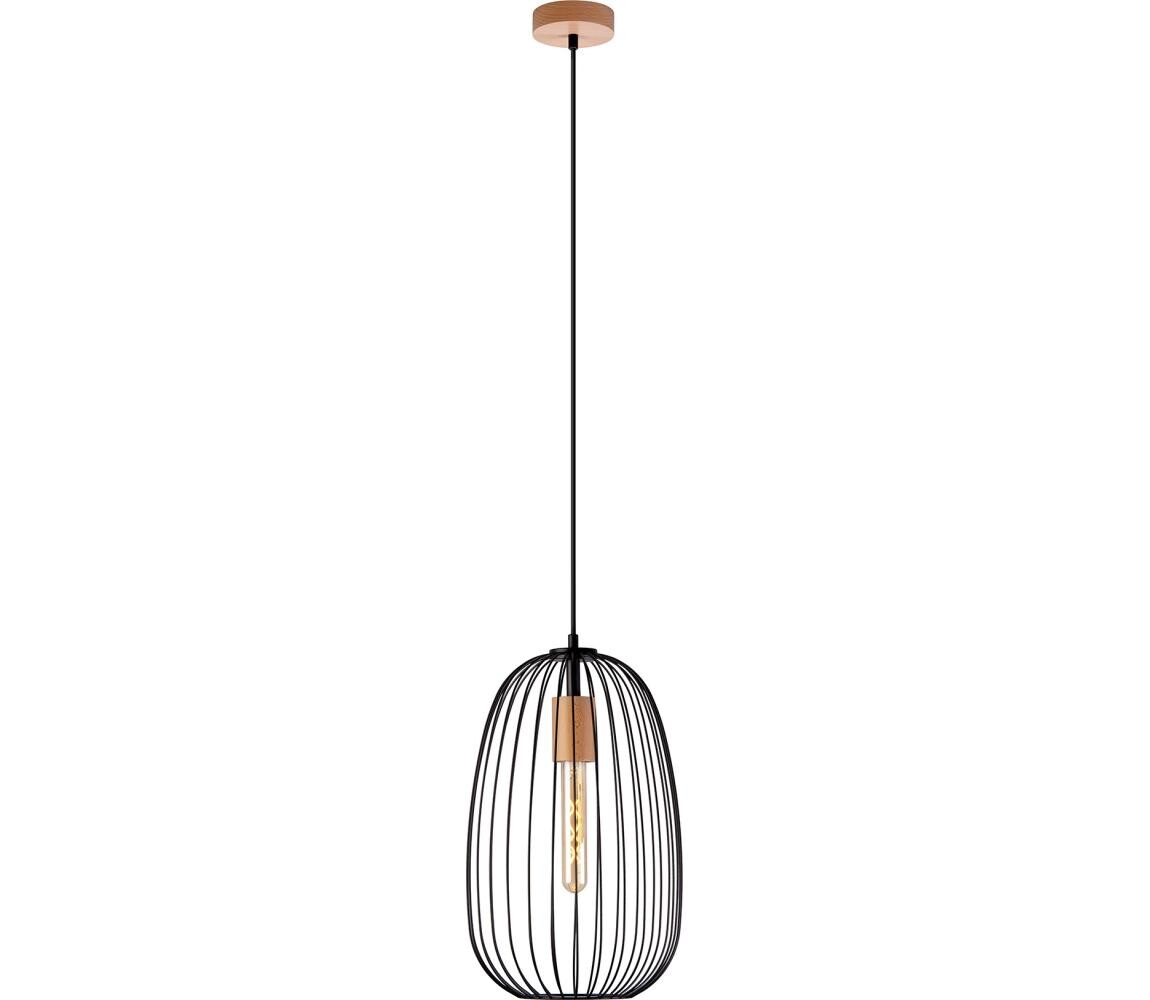 Lustr na lanku OVELLA 1xE27/15W/230V pr. 25 cm černá/borovice W-KM 1367/1 BK+DS