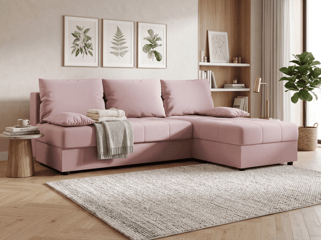 Rozkládací oboustranná sedací souprava do L VENORIA SLIM 200x143 cm, pudrově růžová + 2 polštářky ZDARMA