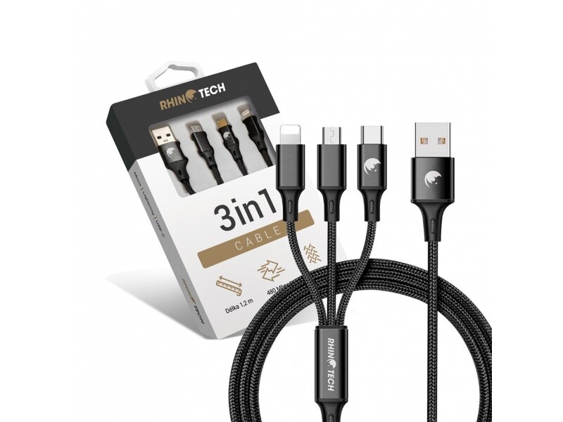 Nabíjecí a datový kabel RhinoTech 3v1 USB-A (MicroUSB + Lightning + USB-C) 1,2m, černá