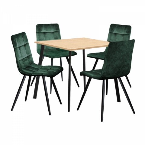 Jídelní set pro 4 osoby stůl 80x80 dub + 4 židle zelený samet BERGEN BLACK FRIDAY Idea
