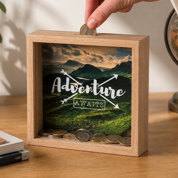 Dřevěná pokladnička Adventure awaits