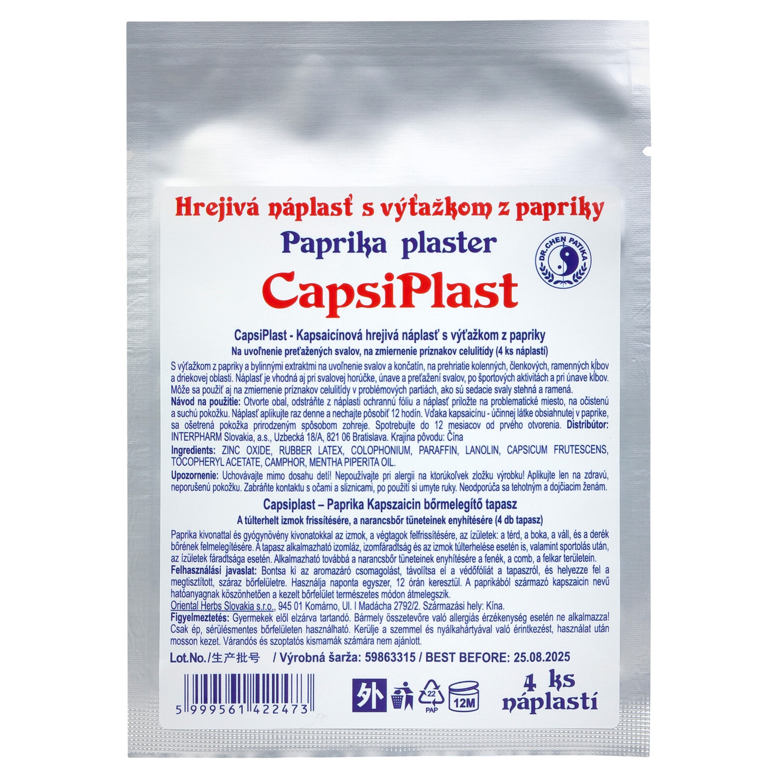 Dr. Chen Patika Capsiplast Hřejivá náplast s výtažkem z papriky 4 kusy