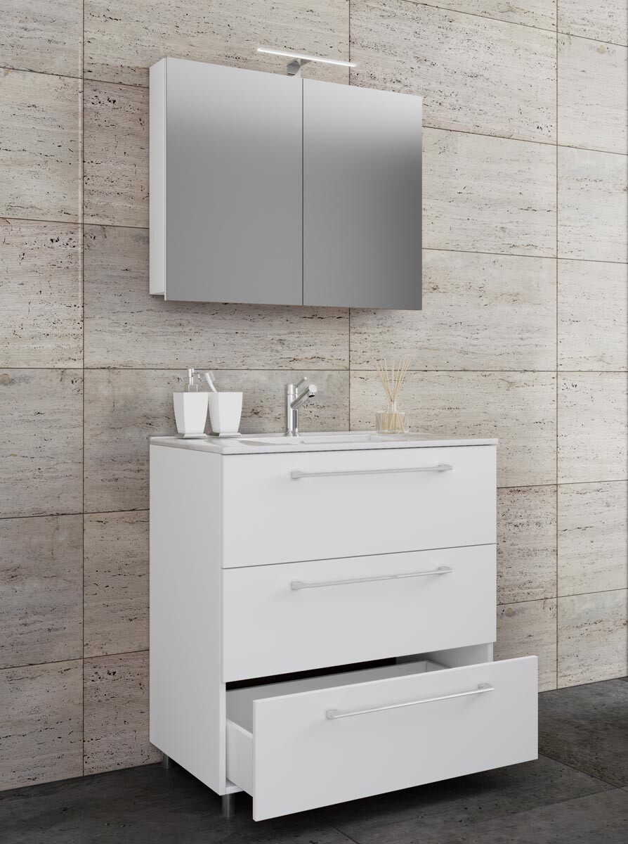 VCM 3dílná umyvadlová skříňka Badinos 3 zásuvky 60 cm se zrcadlem, bílá