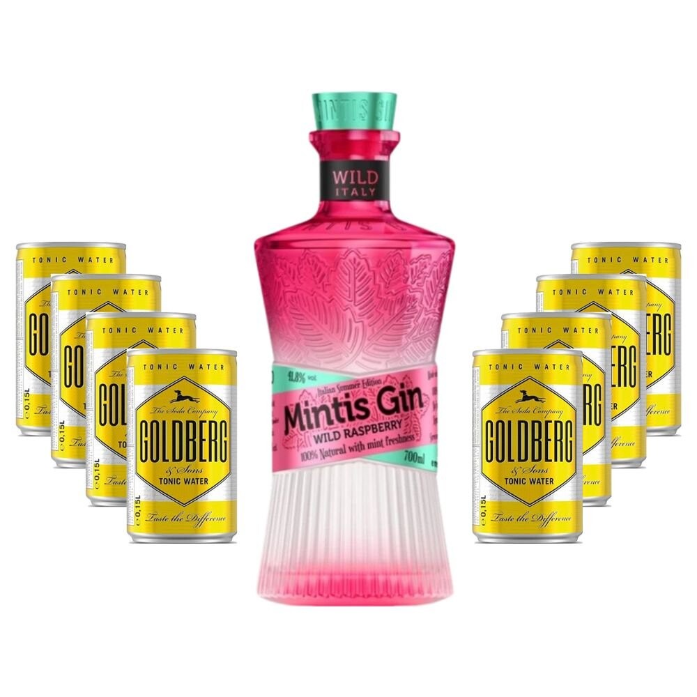 Párty set Mintis Gin Wild Raspberry 0,7l 41,8% + 8x Water Tonic 0,15l Plech