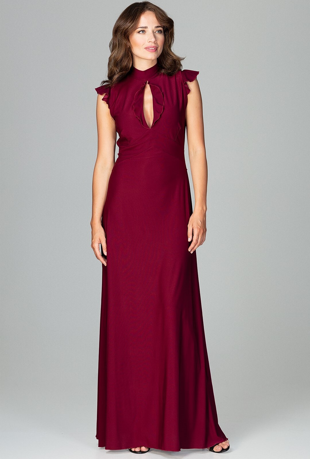 Dlouhé šaty s volánovými rukávy K486 Deep Red Velikost: L