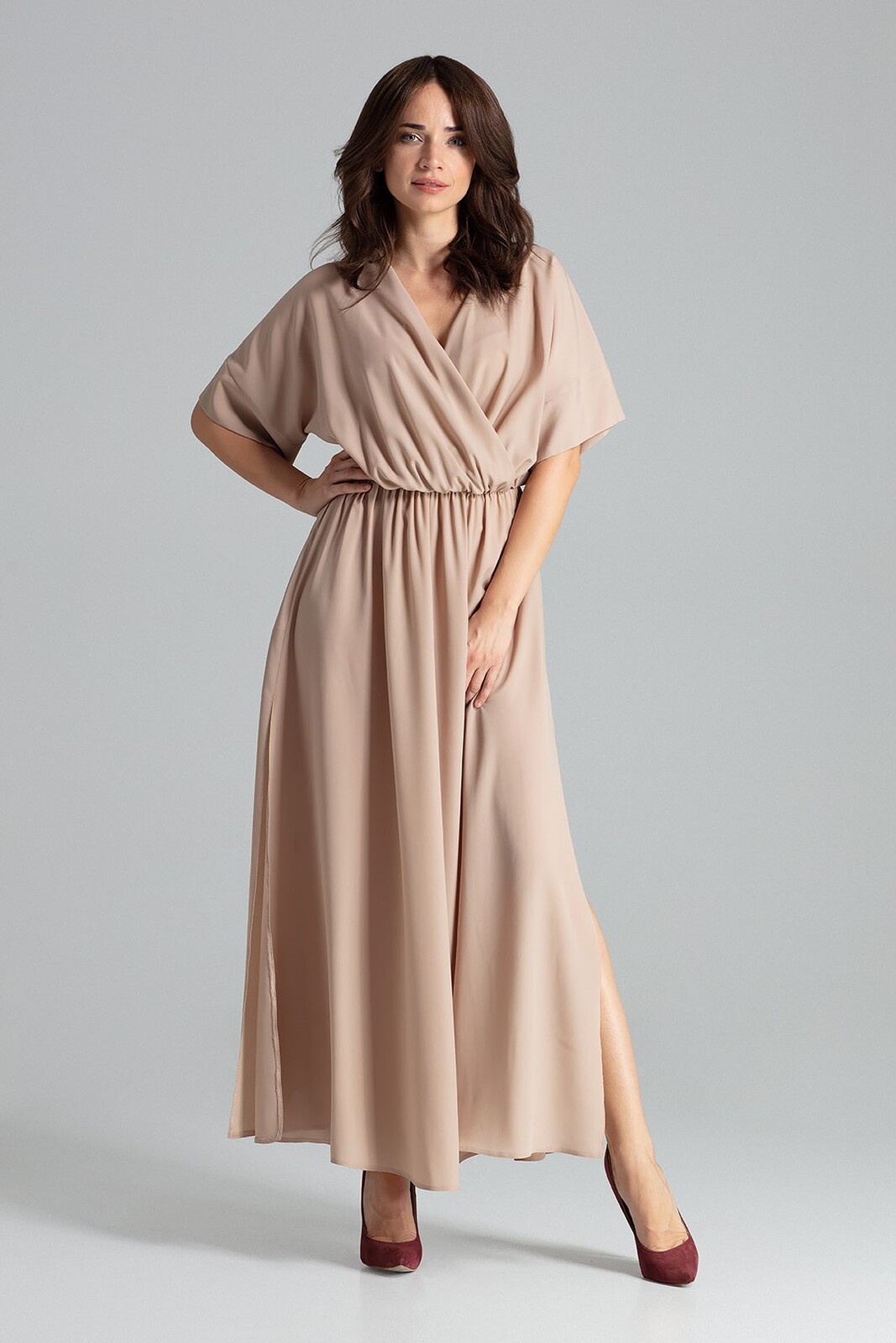 Dlouhé elegantní šaty L055 Beige Velikost: S