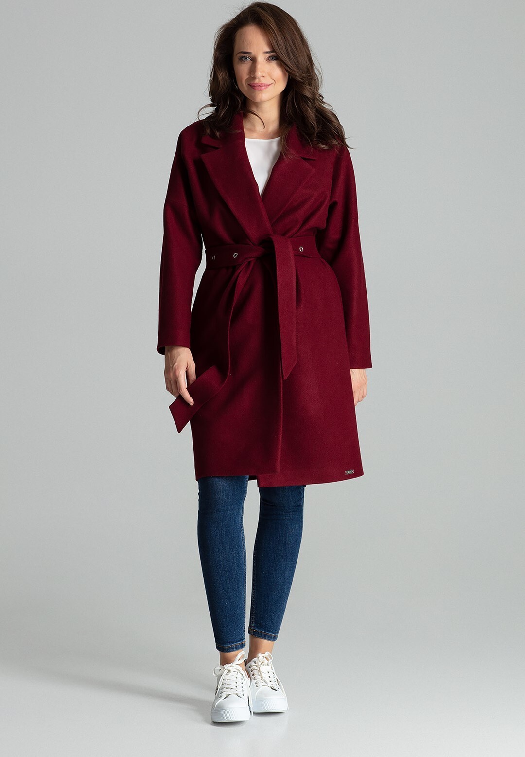 Kabát s páskem L054 Deep Red Velikost: S/M