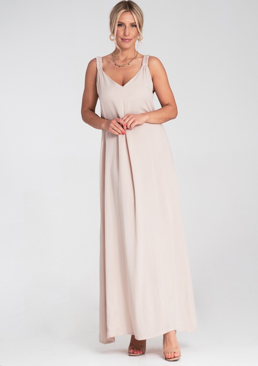 Béžové dámské viskózové maxi šaty M1194 Beige Velikost: ONE SIZE