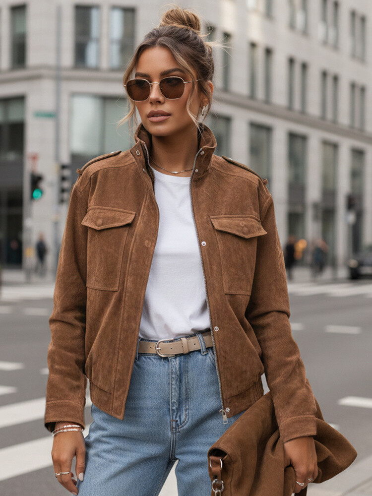 Dámská světle hnědá semišová bomber bunda Velikost: M