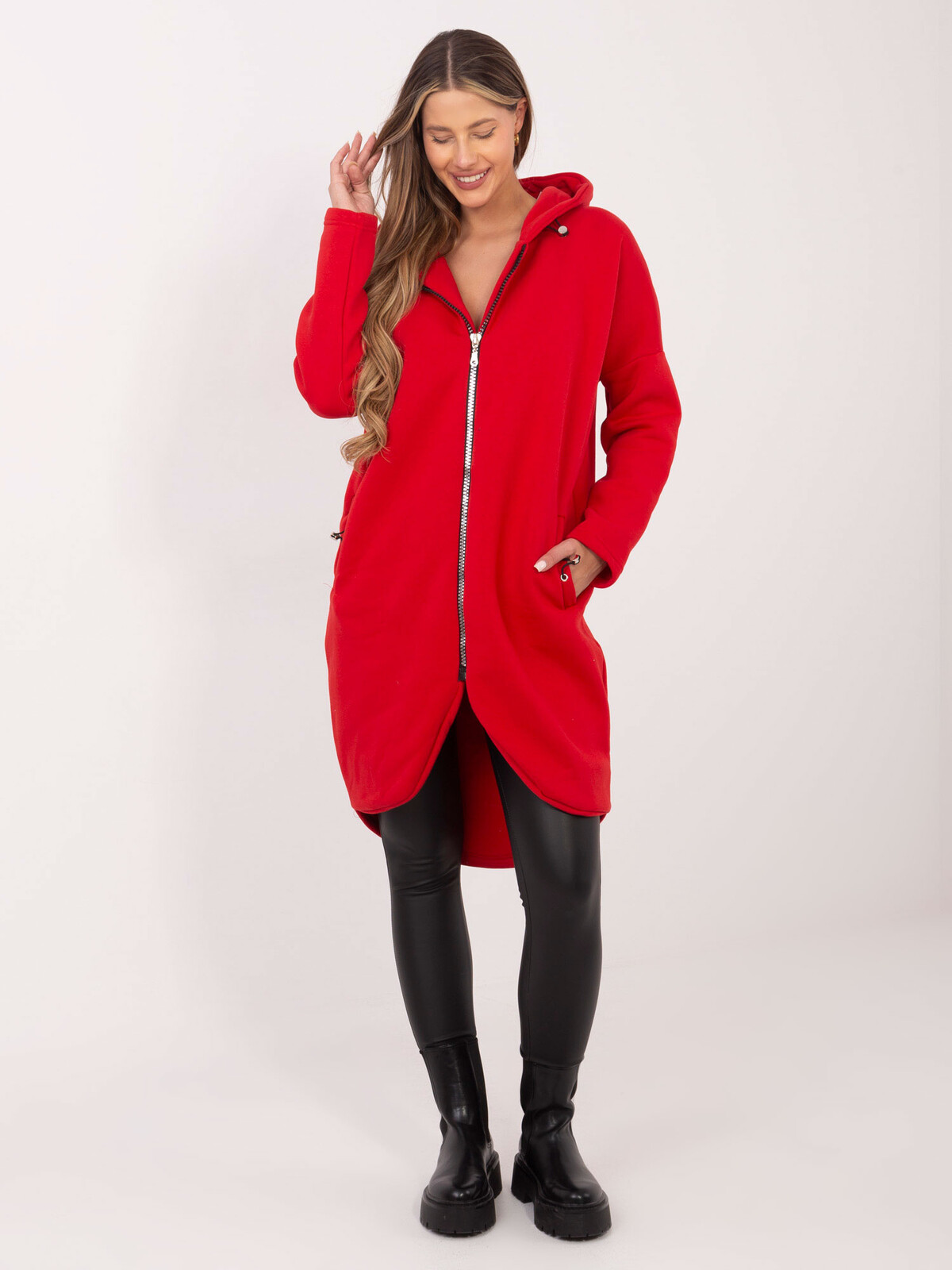 Dámská dlouhá červená mikina s kapucí RV-BL-4858-1.99P-red Velikost: S/M