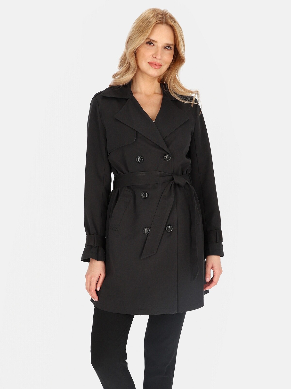Černý dámský dvouřadý kabát s páskem BLE 252682 F - Black Velikost: S