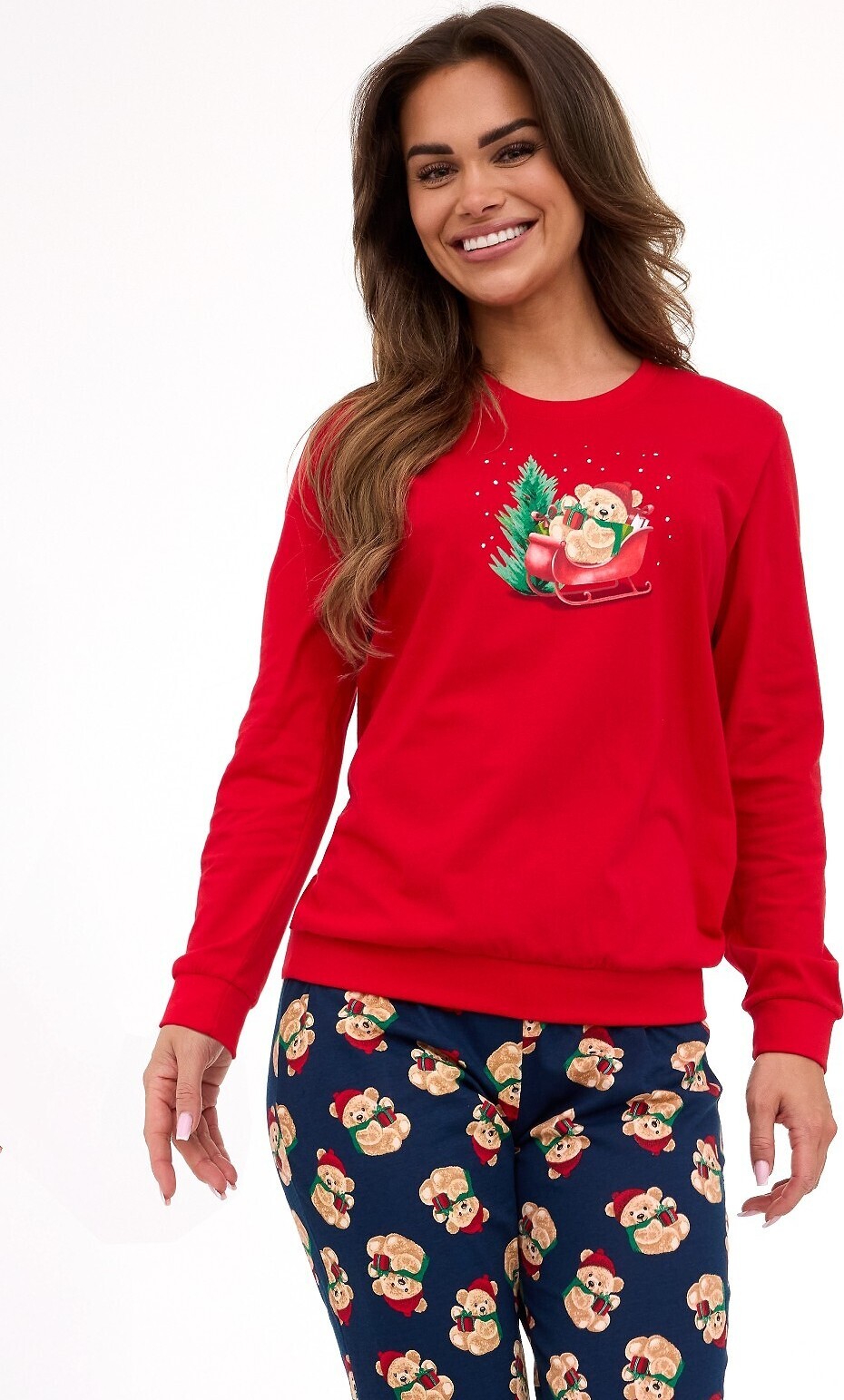 Cornette Červeno-modré dlouhé dámské vánoční pyžamo Teddy 671/422 Teddy dł/r Christmas S-2XL damska Velikost: XL, Barva: Červená