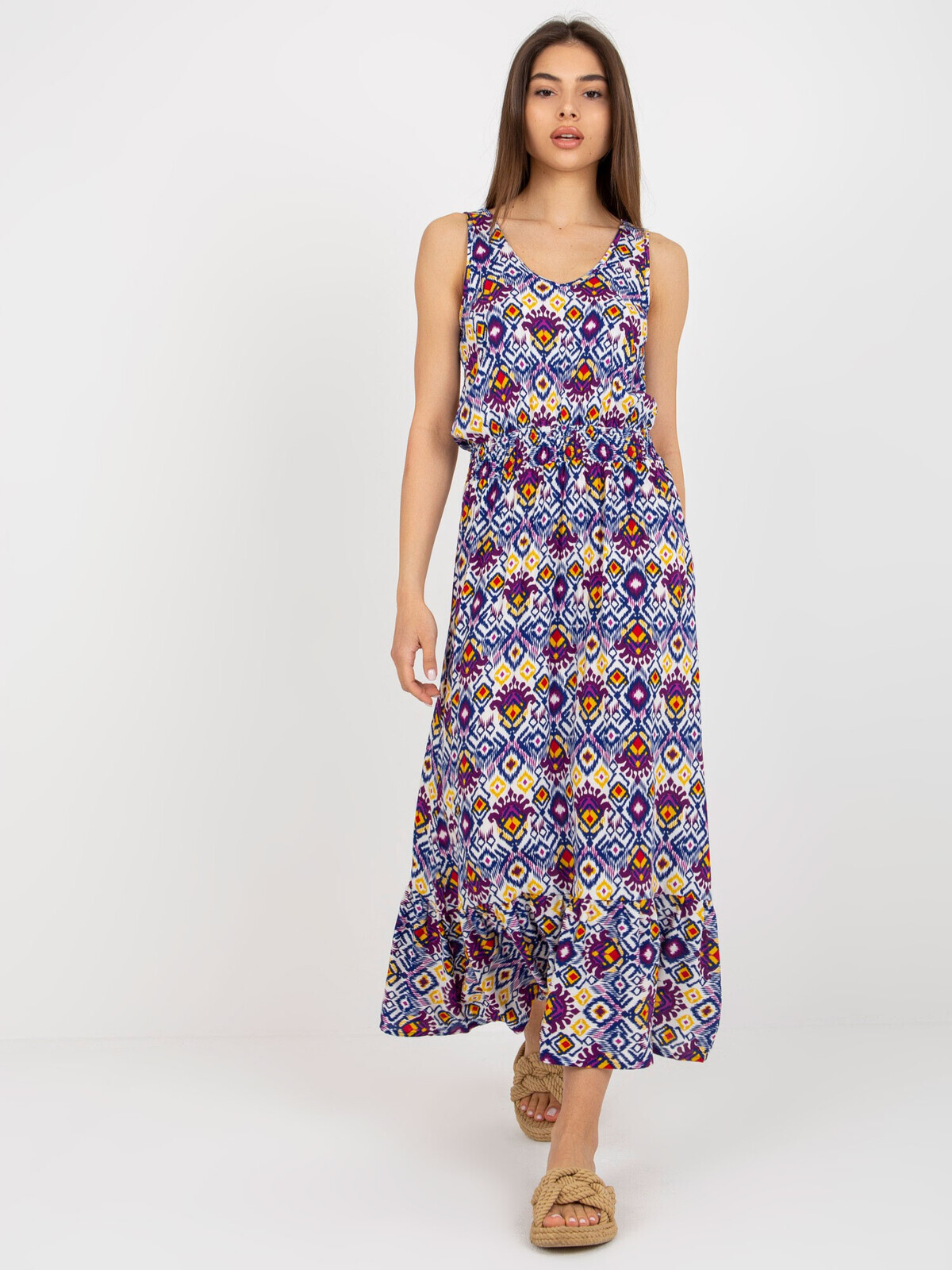 Fialové letní midi šaty se vzory - D73771R30391A - Fialové Velikost: M