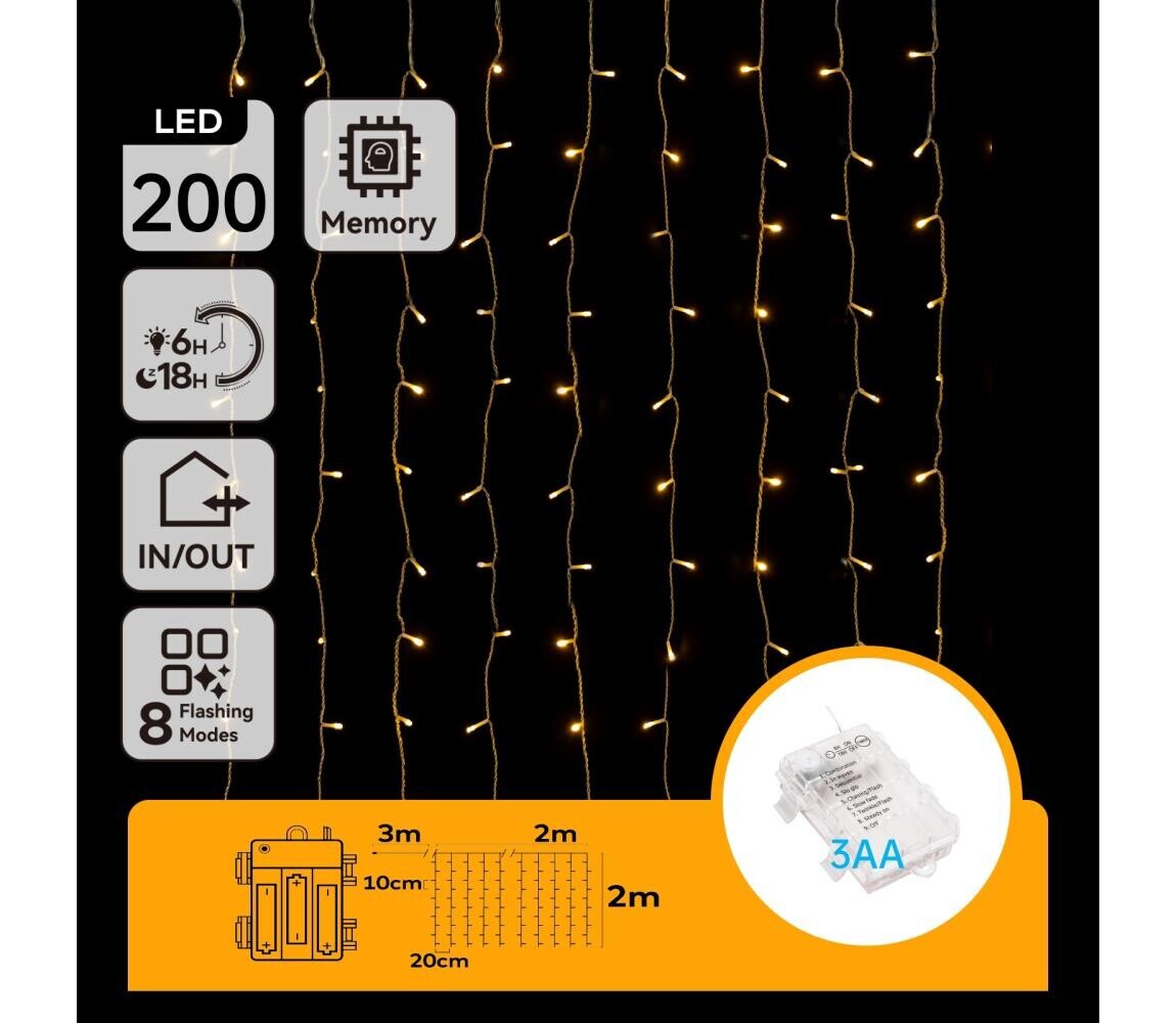 B.V.  - LED Venkovní vánoční řetěz 200xLED/8 funkcí 3xAA 5x2m IP44 teplá bílá B10303K3F