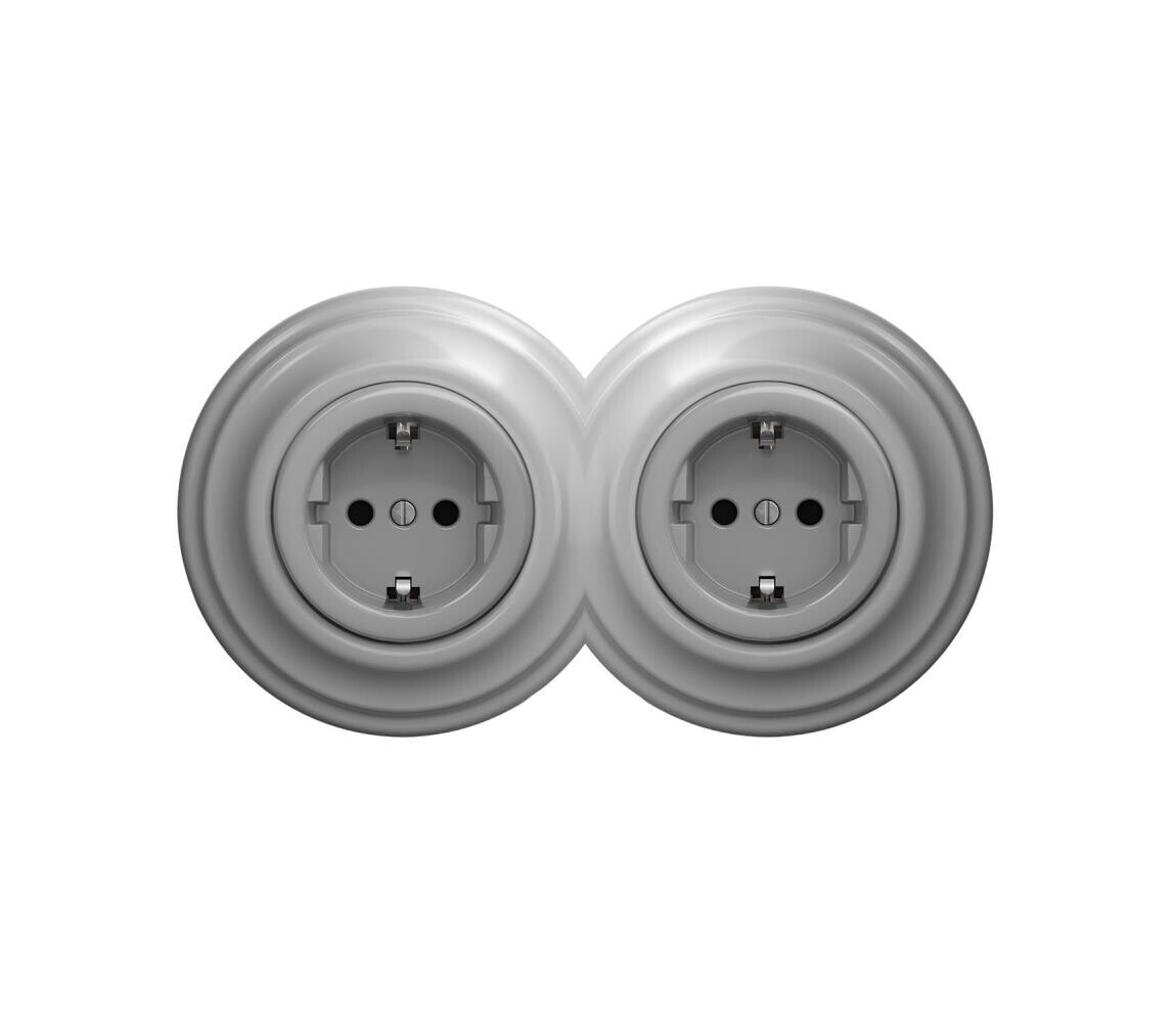 Reblig - Dvojitá retro zásuvka domovní s rámečkem SCHUKO 230V šedá 2xRG0053+2xRG0111