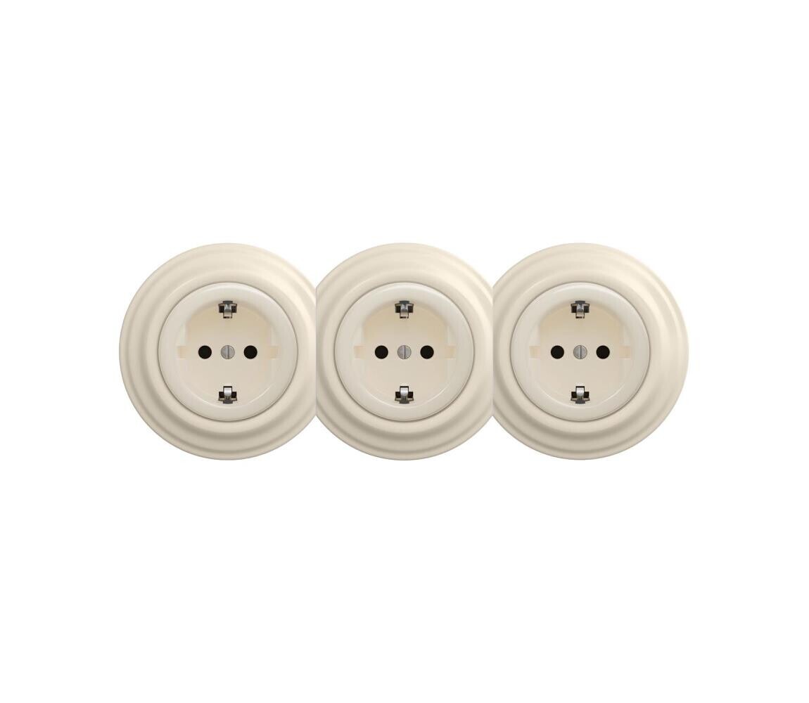 Reblig - Trojitá retro zásuvka domovní s rámečkem SCHUKO 230V béžová RG0136+2xRG0135+3xRG0144