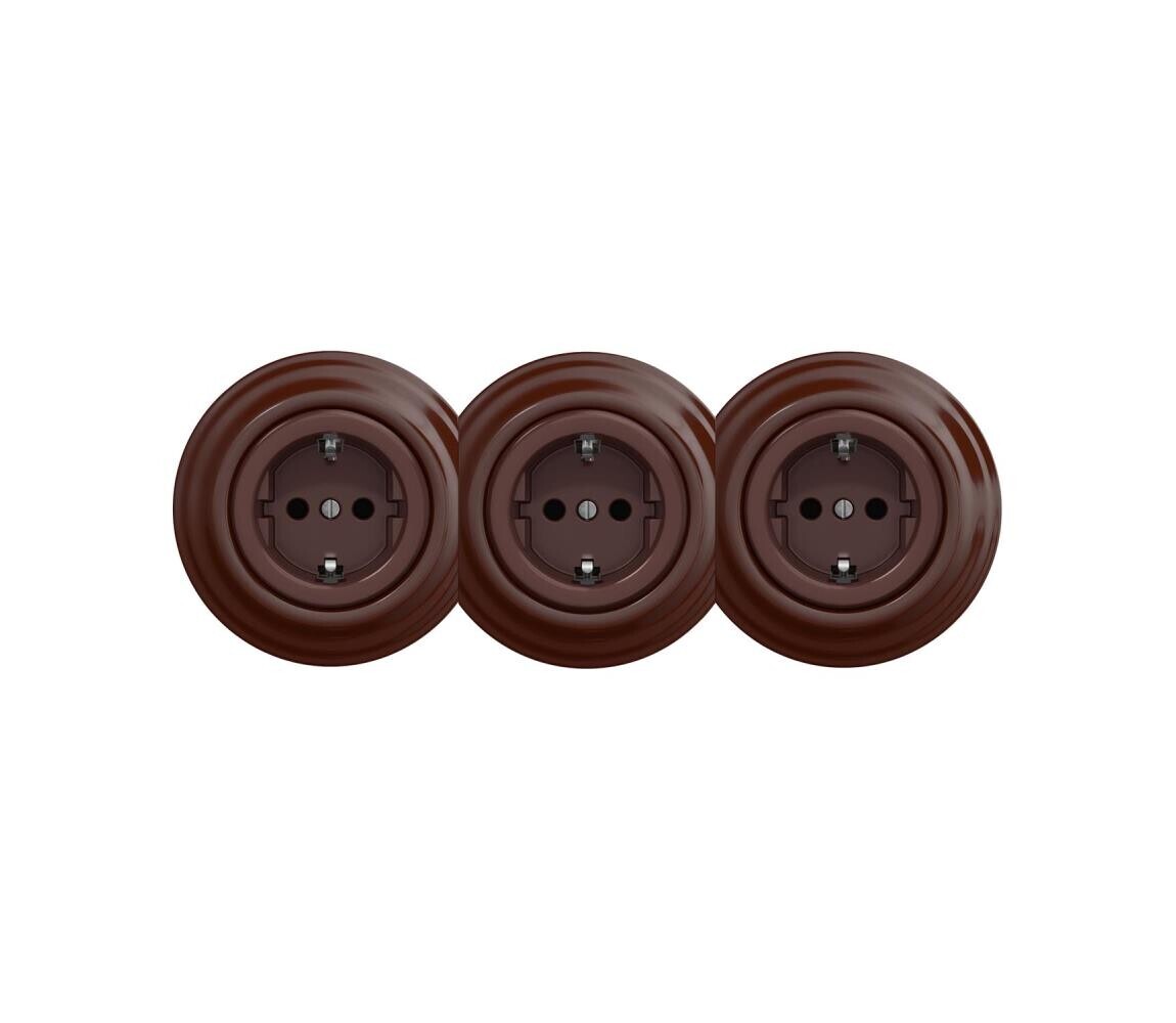 Reblig - Trojitá retro zásuvka domovní s rámečkem SCHUKO 230V hnědá RG0036+2xRG0035+3xRG0109