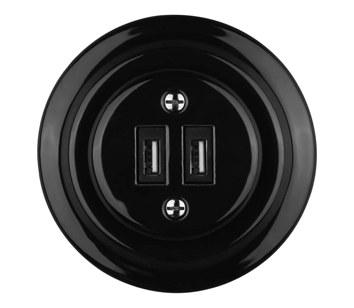 Reblig - Porcelánová retro USB napájecí zásuvka s rámečkem 2xUSB-A černá RGUSB-B