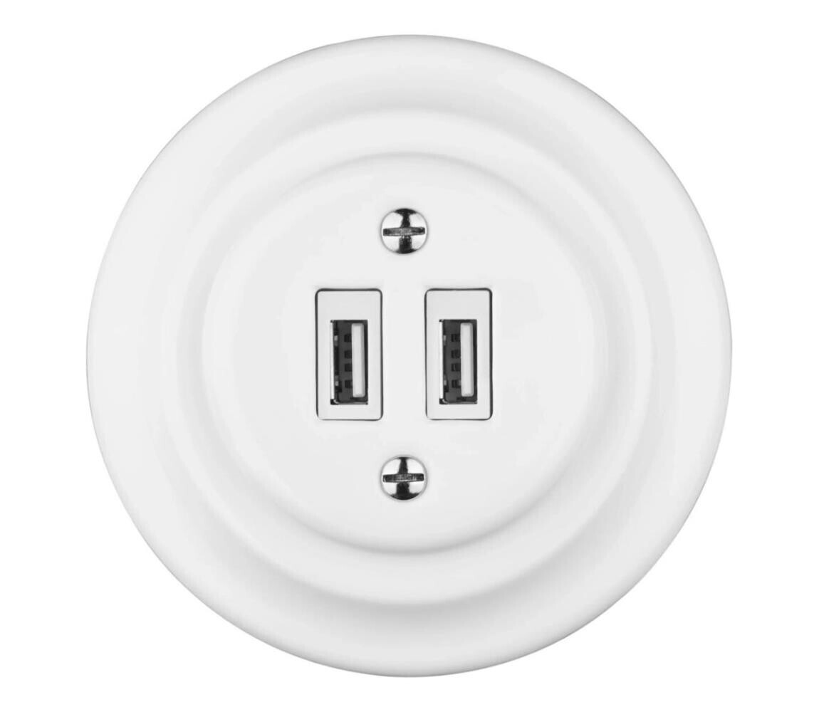 Reblig - Porcelánová retro USB napájecí zásuvka s rámečkem 2x USB-A bílá RGUSB-W