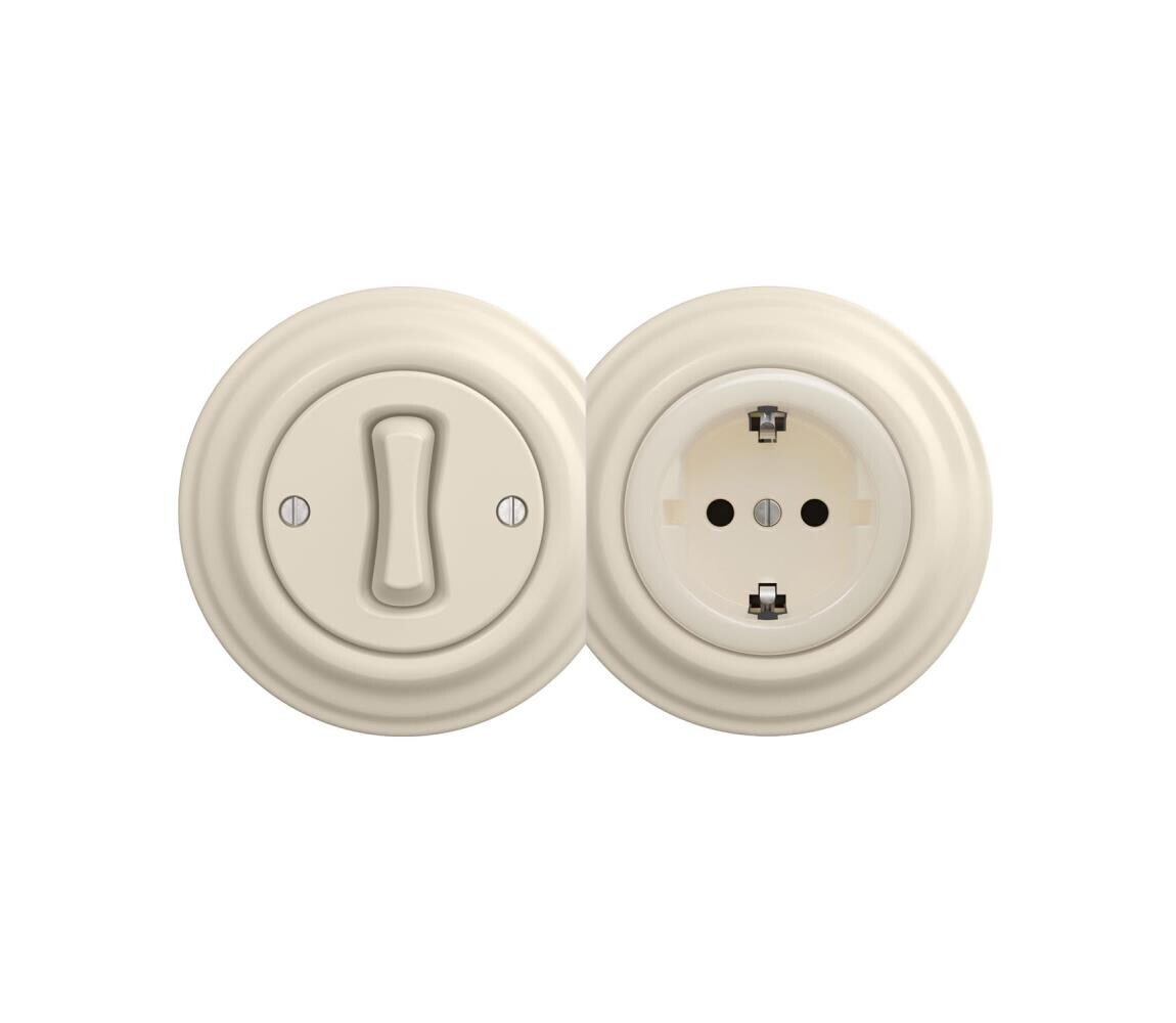 Reblig - Retro jednopólový vypínač č. 1 a zásuvka SCHUKO 230V s rámečkem béžová 2xRG0135+RG0128+RG0144