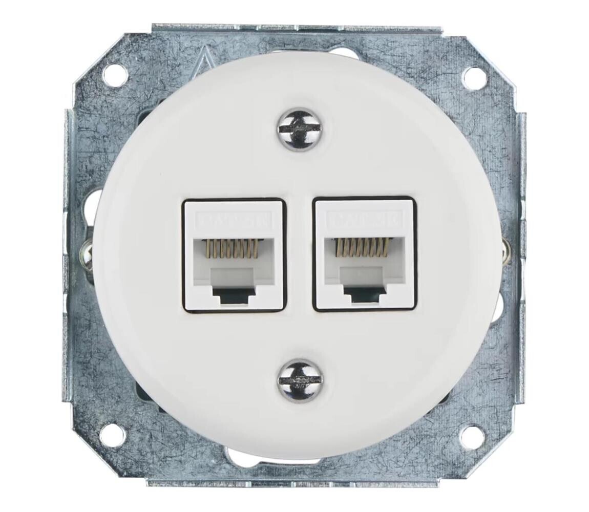 Reblig -Porcelánová retro ethernetová zásuvka bez rámečku 2x CAT.5E bílá RGCATX-W