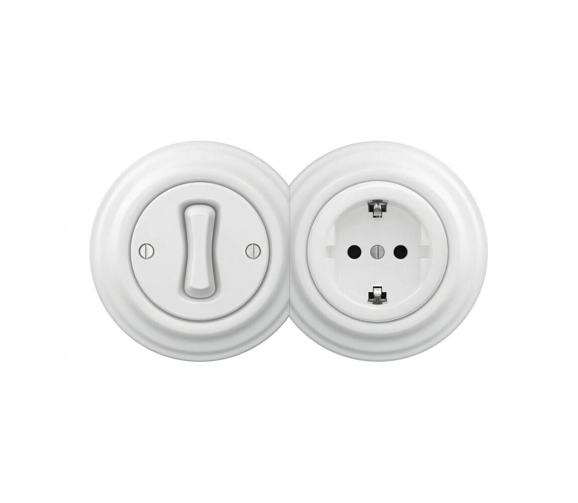 Reblig - Retro jednopólový vypínač č. 1 a zásuvka SCHUKO 230V s rám.něhově bílá 2xRG0152+RG0145+RG0160