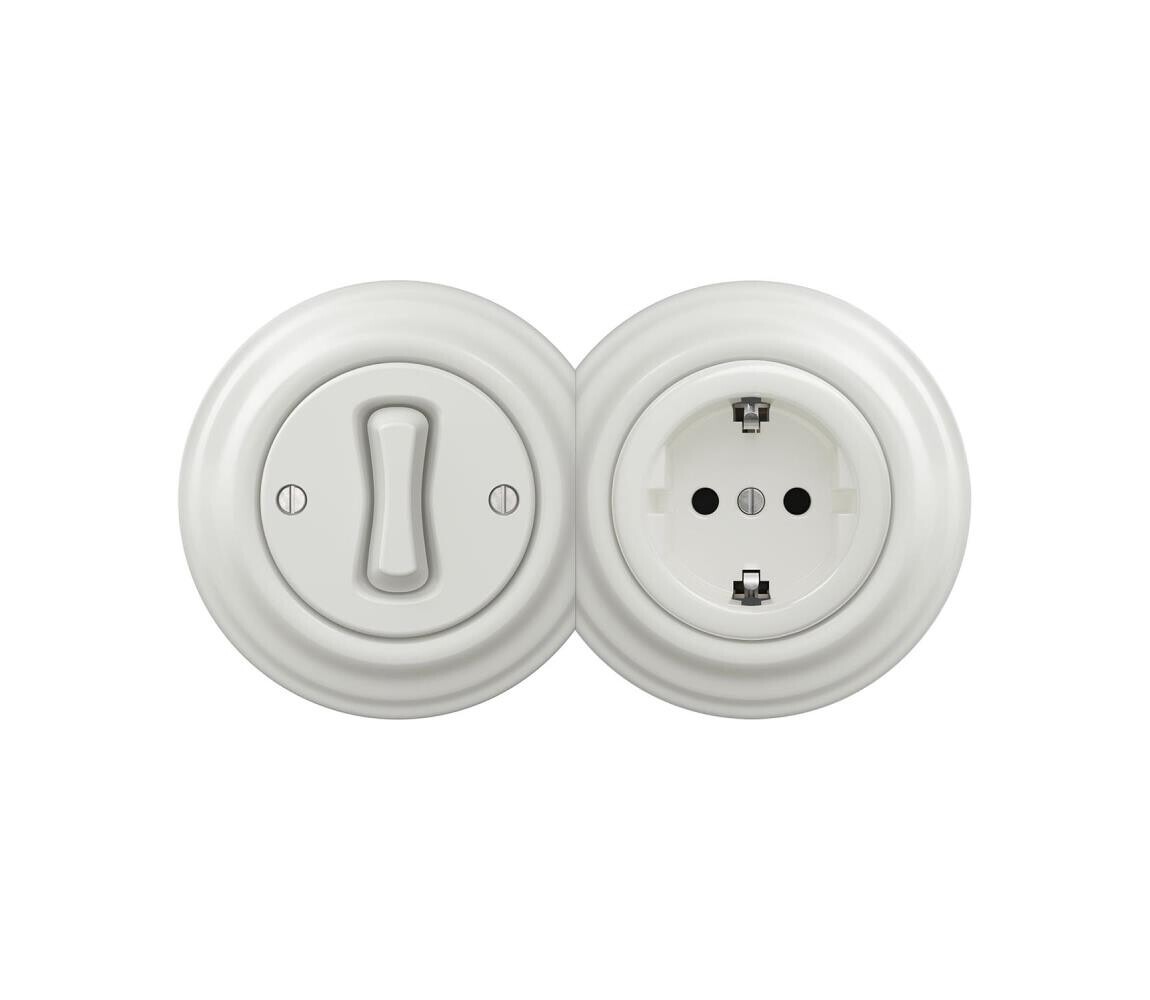 Reblig - Retro jednopólový vypínač č. 1 a zásuvka SCHUKO 230V s rám. ker. bílá 2xRG0008+RG0001+RG0106