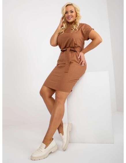 Dámské šaty s krátkými rukávy plátěné plus size HILMAR světle hnědé