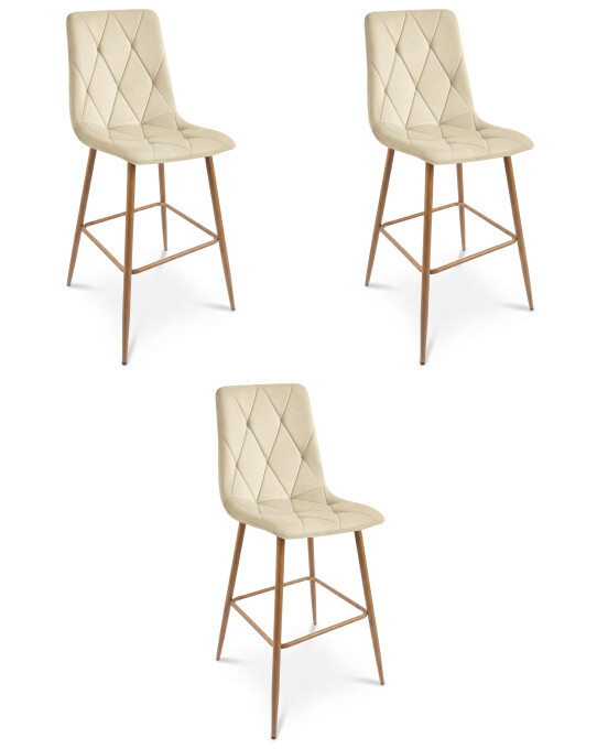 Set tří barových židlí LIBRA sametové, světle béžové / hnědé nohy (3 ks)