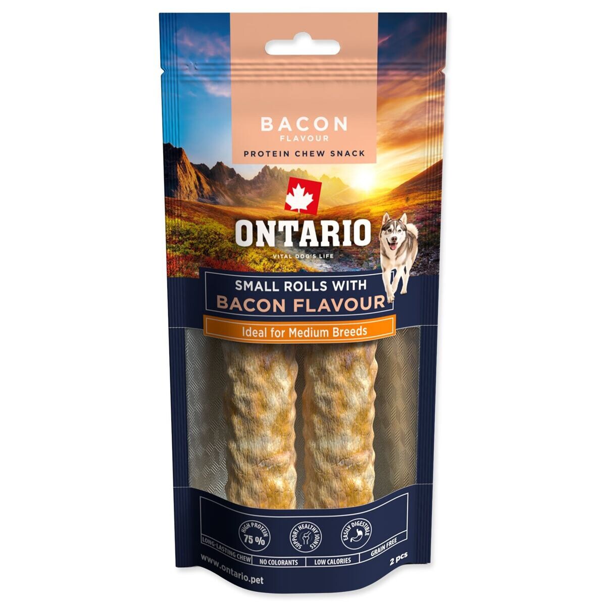 Pochoutka Ontario Protein příchuť slanina, žvýkací rolka malá 2ks 12,7cm