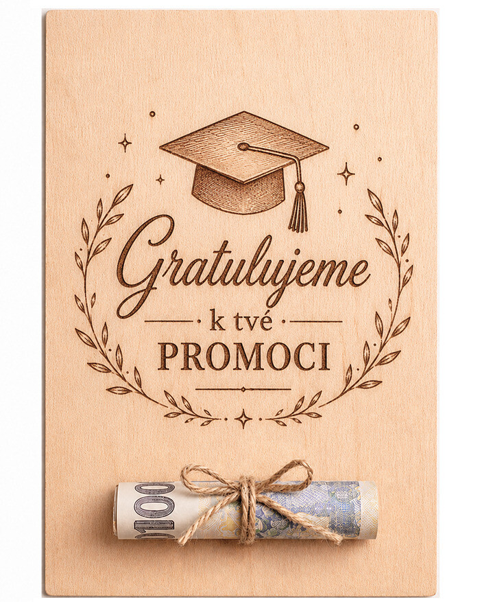 Dřevěná karta na peníze Gratulujeme k tvé promoci | Originální dárek k promoci