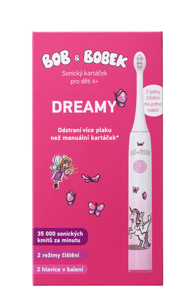 Sonický zubní kartáček BOB a BOBEK DREAMY pro děti 6+, 35 000 kmitů/min, 2 kartáčkové hlavice v balení